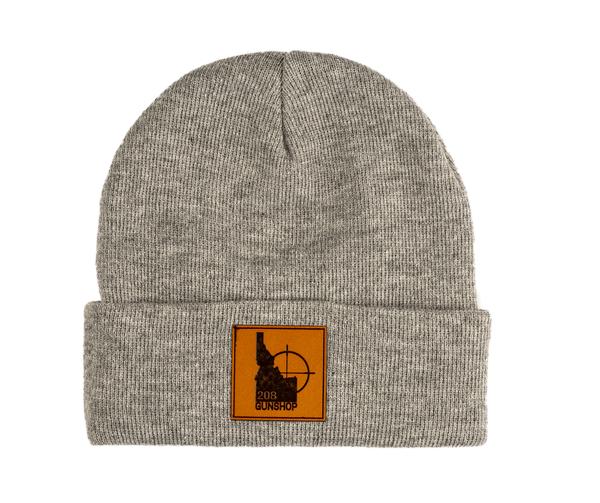 208 gun shop beanie leather patch heather grey