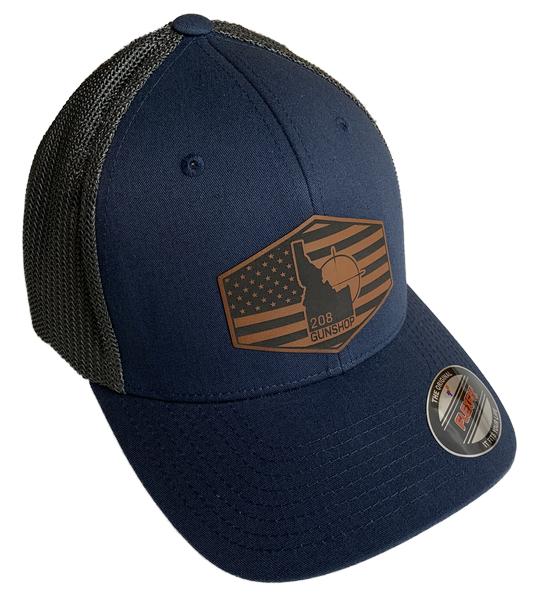 208 GUN SHOP HAT FLEX FIT NAVY BLUE W/LEATHER FLAG LOGO PATCH