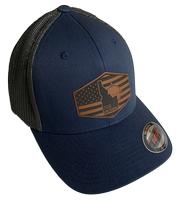  208 Gun Shop Hat Flex Fit Navy Blue W/Leather Flag Logo Patch