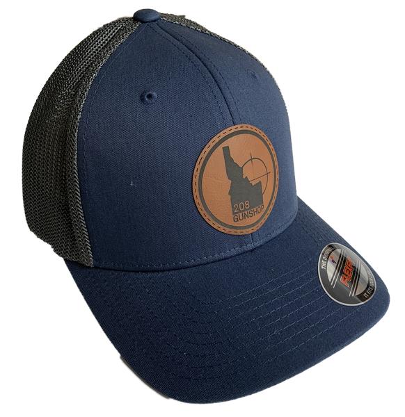 208 GUN SHOP HAT FLEX FIT NAVY BLUE W/LEATHER LOGO PATCH Round