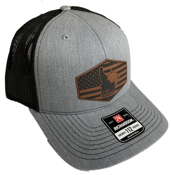 208 Gun Shop Hat Trucker Heather Gray w/Leather Flag Logo Patch